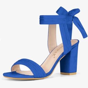 Faux Suede Open Toe Ankle Tie Back Chunky Heel Sandals Blue *Brand new*